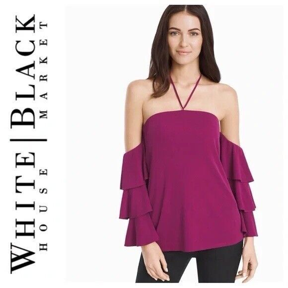 NWT‎ WHBM Berry Fuchsia Ruffle Cold Shoulder Halter Strapless Top Womens Size 8 - Picture 1 of 10